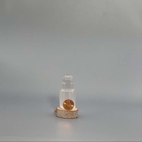 Selenite Skyscaper Tower & Tree Slice Base & Card - Picture 4 of 9